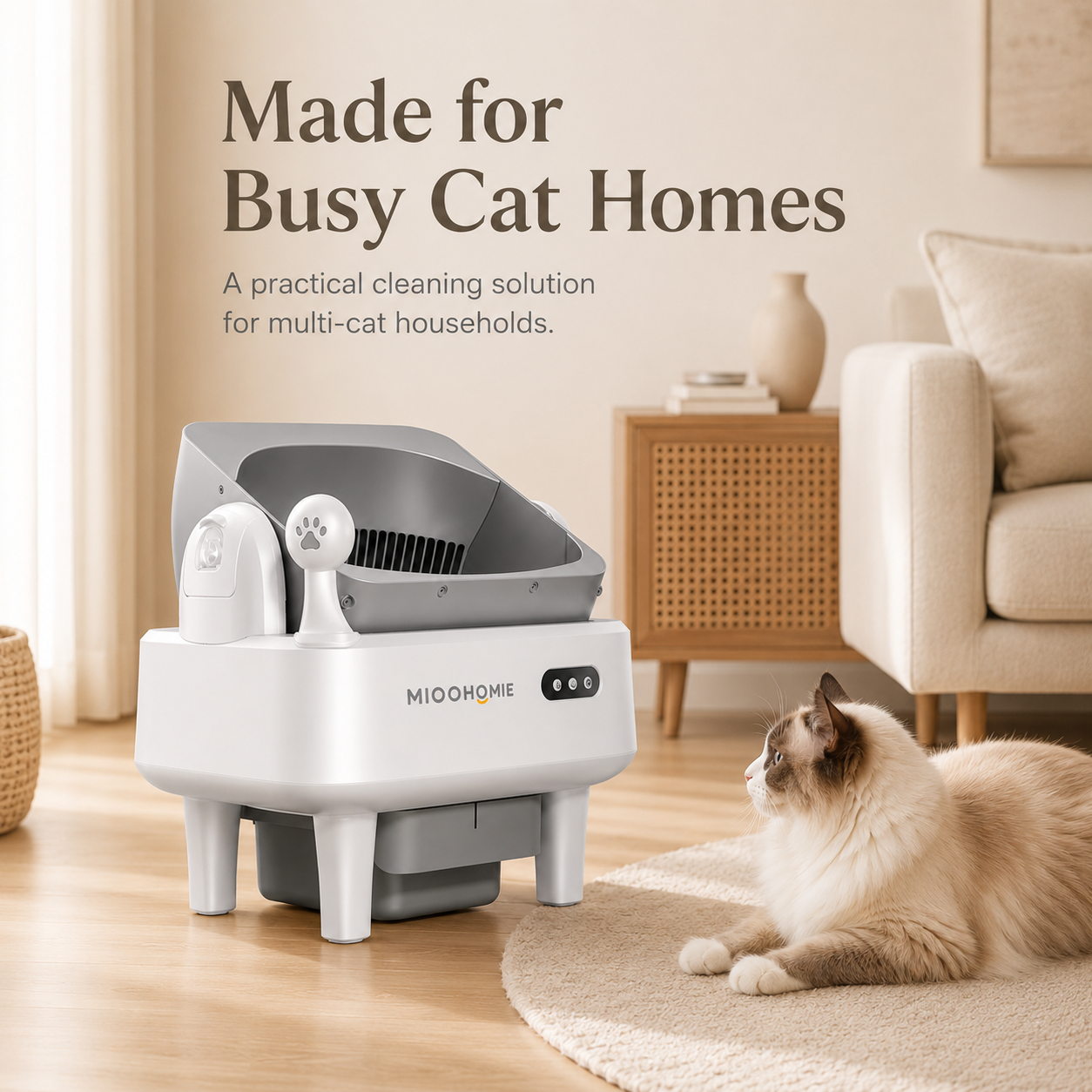 MiooHomie ML-S01 LITTY Air Semi-Covered Automatic Self-Cleaning Cat Litter Box with Low-Stress Entry and Safety Sensor Protection for Cats Under 22kg