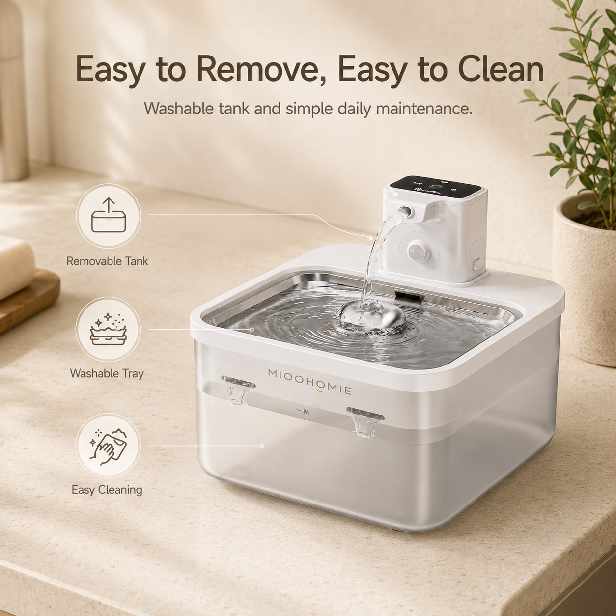 MIOOHOMIE MW-B07 FLOWLY Steel Go Lite 2600mAh Smart Pet Water Fountain with Stainless Steel Tray & 3L Capacity