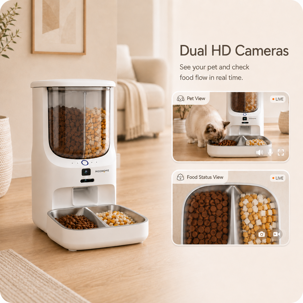 MiooHomie MF-M03 BOWLY Mix Pro 5L WiFi Smart Pet Feeder with Dual HD Cameras, UV Sterilization and Dual Food Storage for Cats & Small Dogs