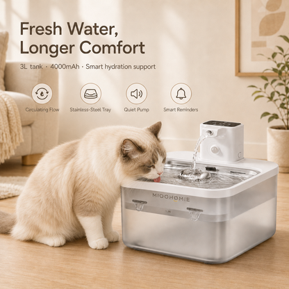 MiooHomie MW-B08 3L Smart Cat Water Fountain with 4000mAh Rechargeable Battery, Stainless Steel Drinking Tray, Quiet Automatic Pet Water Dispenser for Cats & Small Dogs