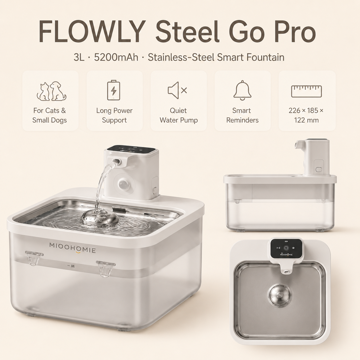 MIOOHOMIE MW-B09 Smart Stainless Steel Cat Water Fountain, 5200mAh Rechargeable Pet Water Dispenser with 3L Capacity, Quiet Circulating Filter for Cats & Small Dogs