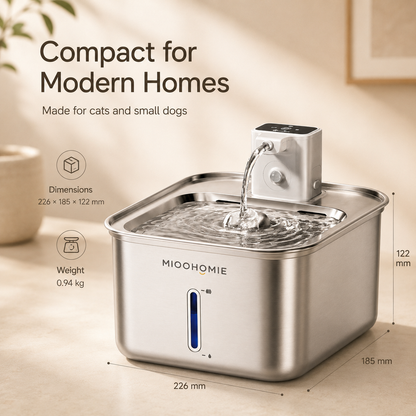 MIOOHOMIE MW-B10 Smart Stainless Steel Cat Water Fountain, 4000mAh Rechargeable Pet Water Dispenser with Quiet Circulating Filter for Cats & Small Dogs