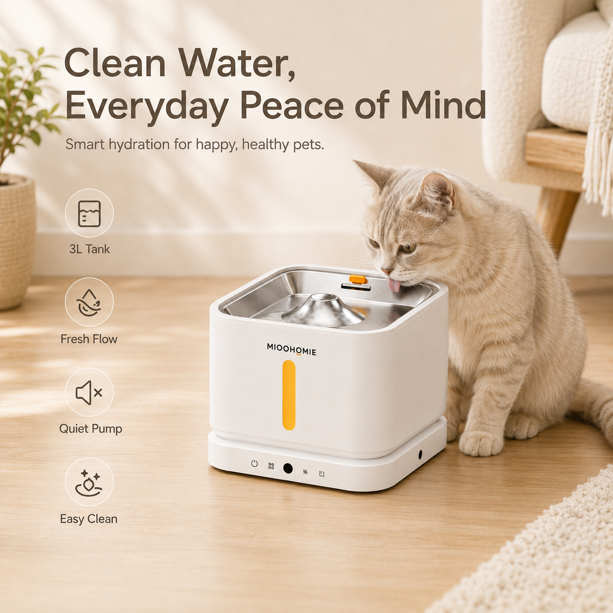 MiooHomie P03 3L Smart Pet Water Fountain with Stainless Steel Drinking Tray, Quiet Pump and Low Water Reminder for Cats and Small Dogs