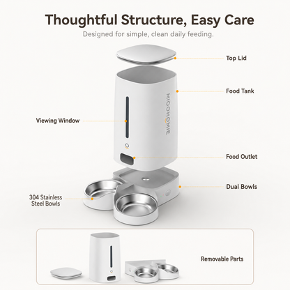 MiooHomie D01 4L Dry Food Automatic Feeder with Dual Bowls and Removable Stainless Steel Bowls