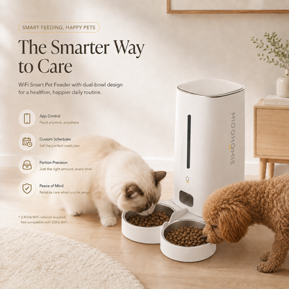 MiooHomie D02 WiFi Smart Pet Feeder with Dual Stainless Steel Bowls, 4L Automatic Cat and Small Dog Feeder