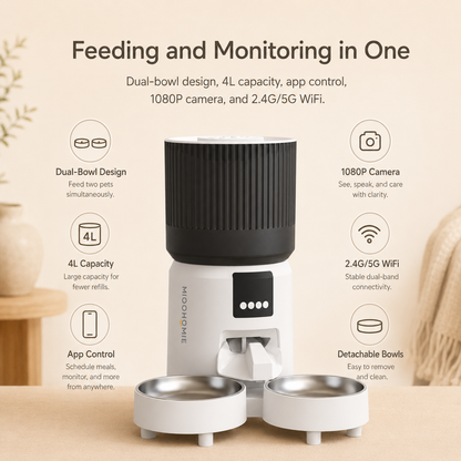 MiooHomie C-04 4L Dual-Bowl Automatic Cat Feeder with 1080P Camera, Wi-Fi App Control for Two Pets