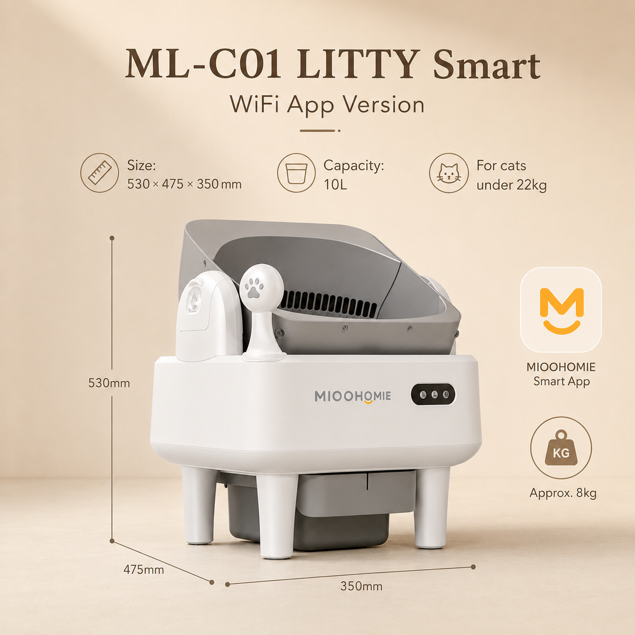 MiooHomie ML-C01 LITTY Smart Automatic Cat Litter Box, WiFi App Self-Cleaning Litter Box with Safety Sensors for Cats up to 22kg