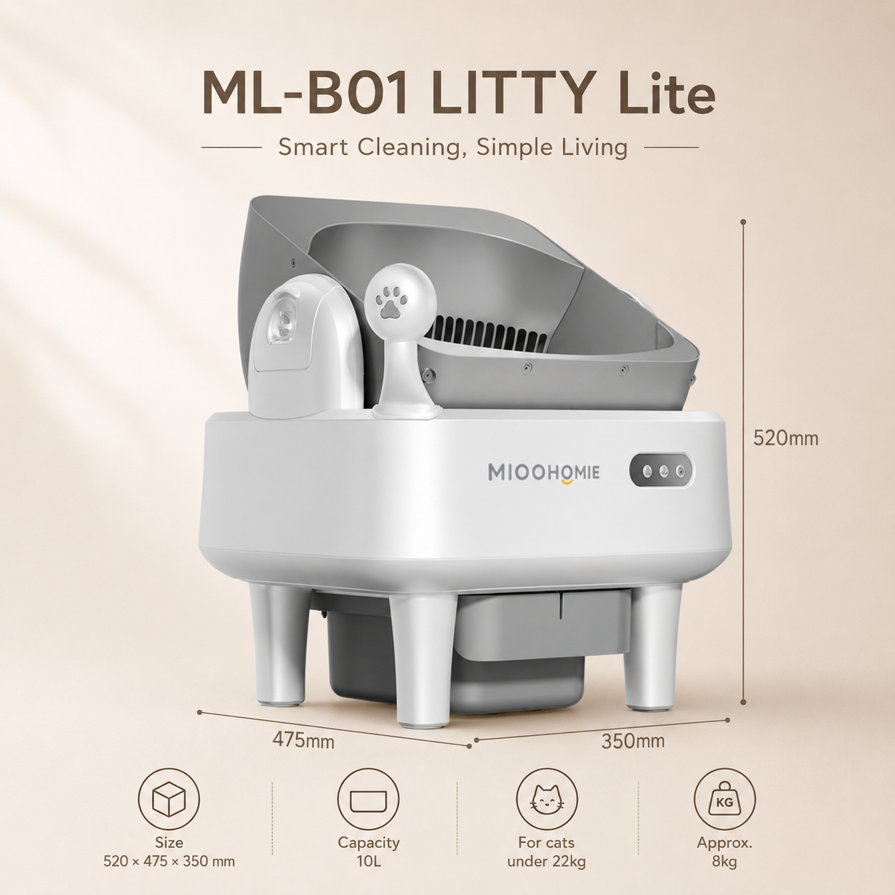 MiooHomie ML-B01 LITTY Lite Smart Self-Cleaning Cat Litter Box, 10L Large Capacity, Odor Control & Safety Sensors