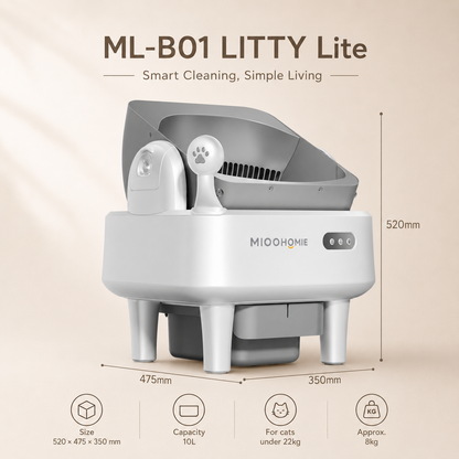 MiooHomie ML-B01 LITTY Lite Smart Self-Cleaning Cat Litter Box, 10L Large Capacity, Odor Control & Safety Sensors