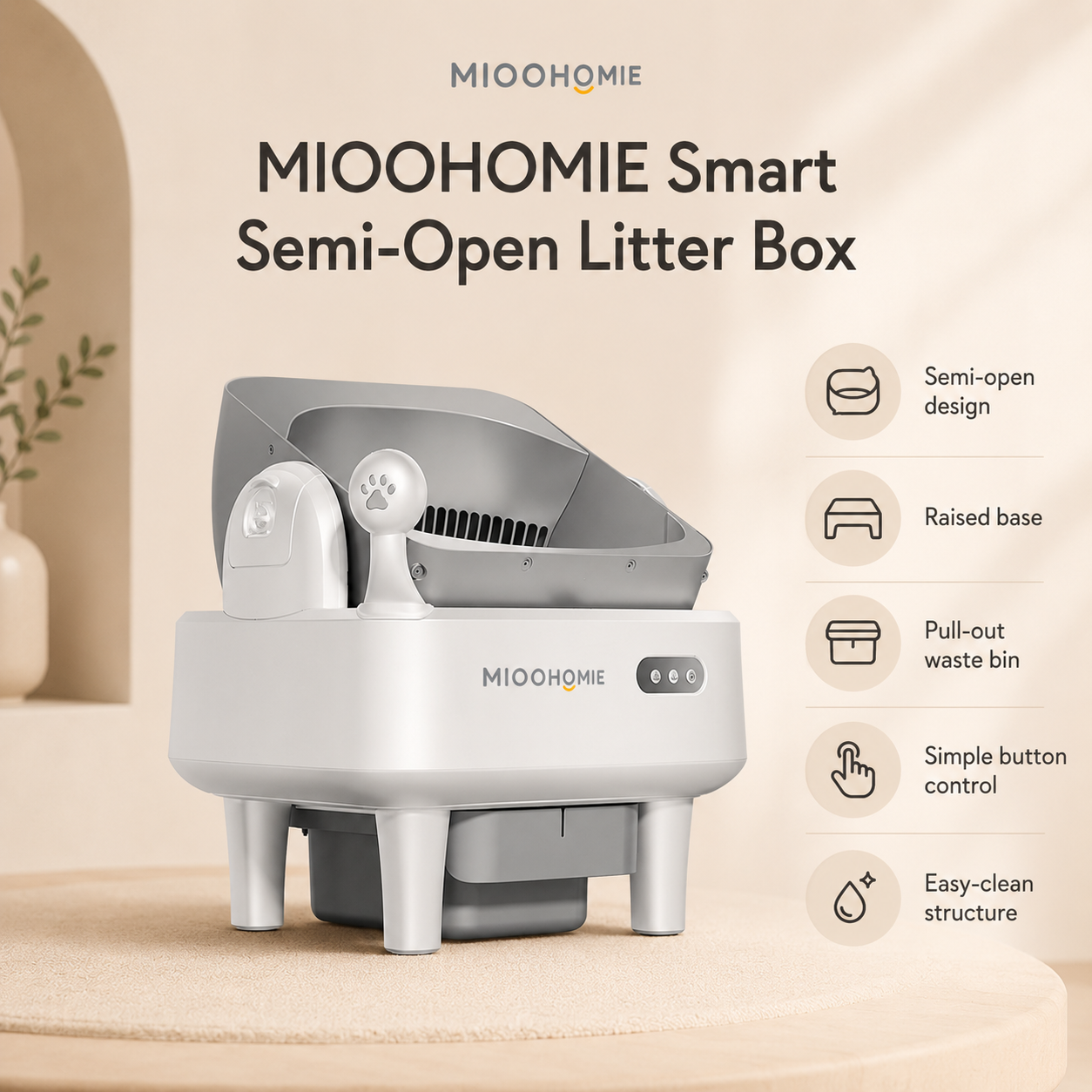 MiooHomie ML-C02 LITTY Fresh Spray Deodorizing Self-Cleaning Cat Litter Box, Semi-Open APP Smart Automatic Cat Toilet with Pull-Out Waste Bin for Multi-Cat Homes