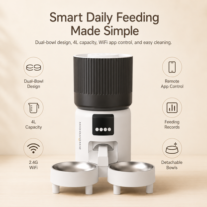 MiooHomie D04 4L Dual-Bowl WiFi Automatic Pet Feeder with App Control, Portion Scheduling and Feeding Records