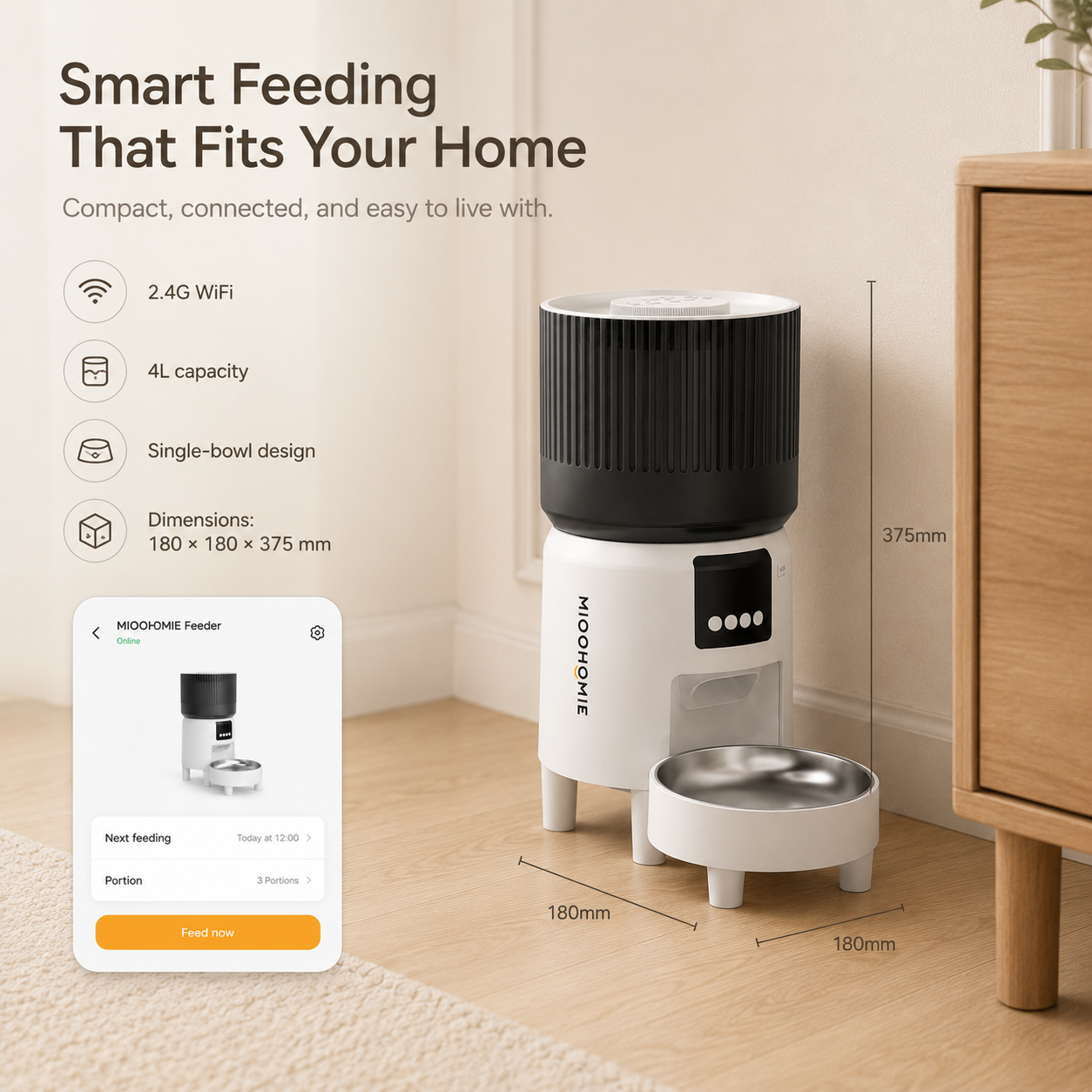 MiooHomie MF-S03 Smart APP 4L WiFi Pet Feeder with Remote Feeding, Meal Scheduling and Voice Reminder for Cats & Small Dogs
