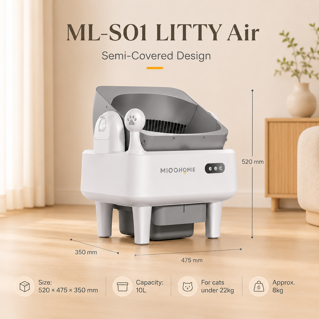 MiooHomie ML-S01 LITTY Air Semi-Covered Automatic Self-Cleaning Cat Litter Box with Low-Stress Entry and Safety Sensor Protection for Cats Under 22kg