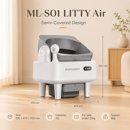MiooHomie ML-S01 LITTY Air Semi-Covered Automatic Self-Cleaning Cat Litter Box with Low-Stress Entry and Safety Sensor Protection for Cats Under 22kg