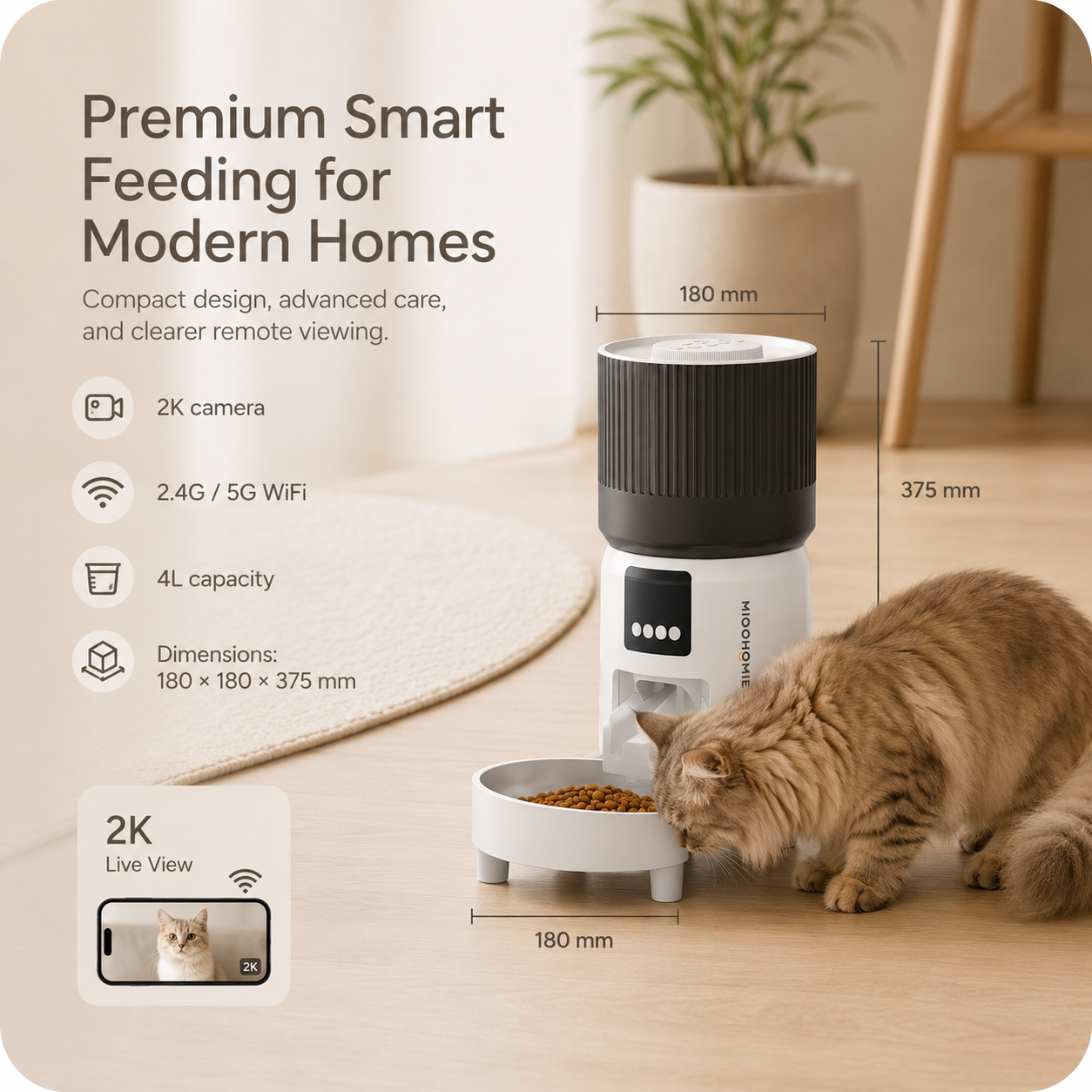 MiooHomie C-03 4L Automatic Cat Feeder with 1080P Camera, 2.4GHz/5GHz Wi-Fi & App Remote Feeding