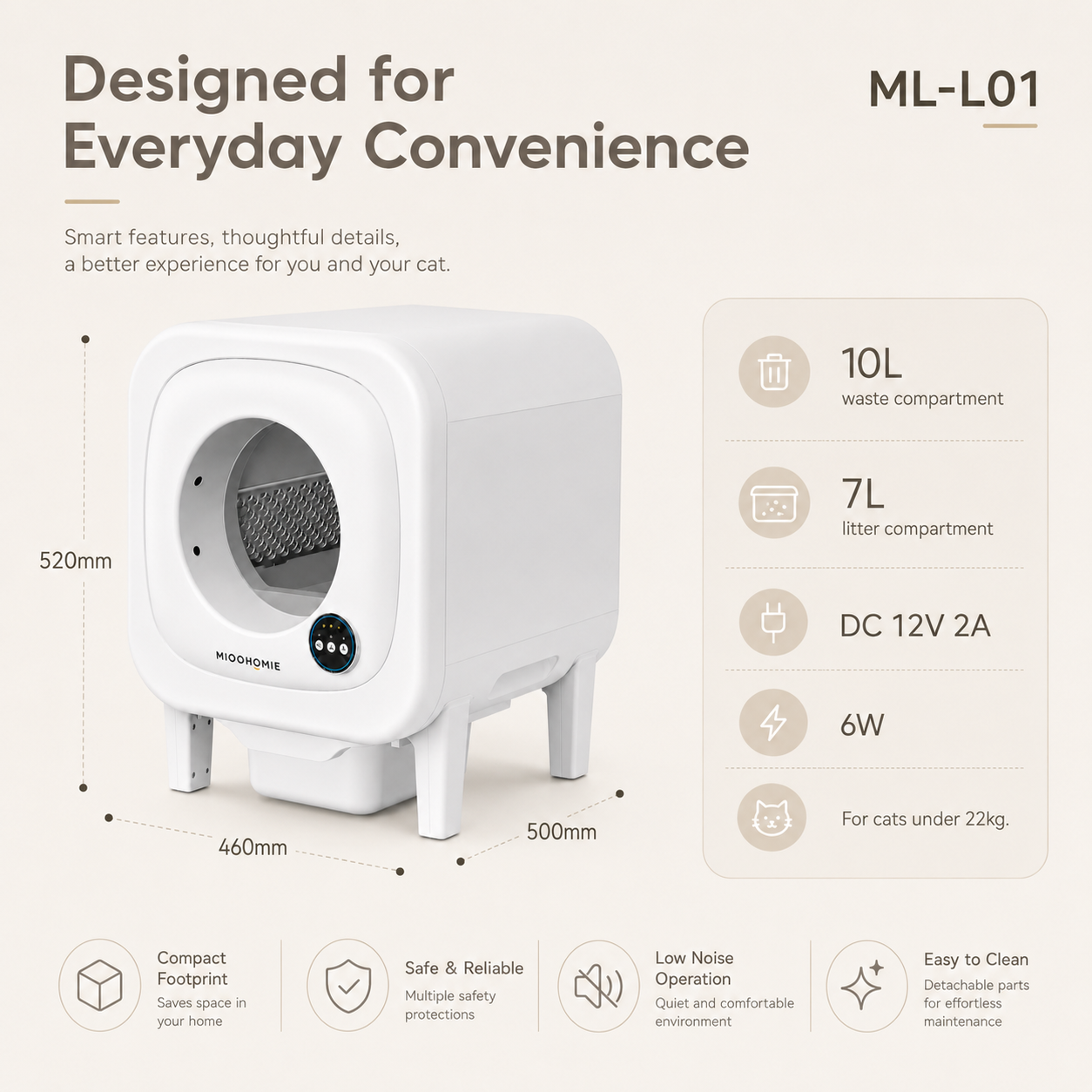 MiooHomie ML-L01 LITTY Max Smart Self-Cleaning Cat Litter Box with 10L Waste Compartment for Multi-Cat Homes