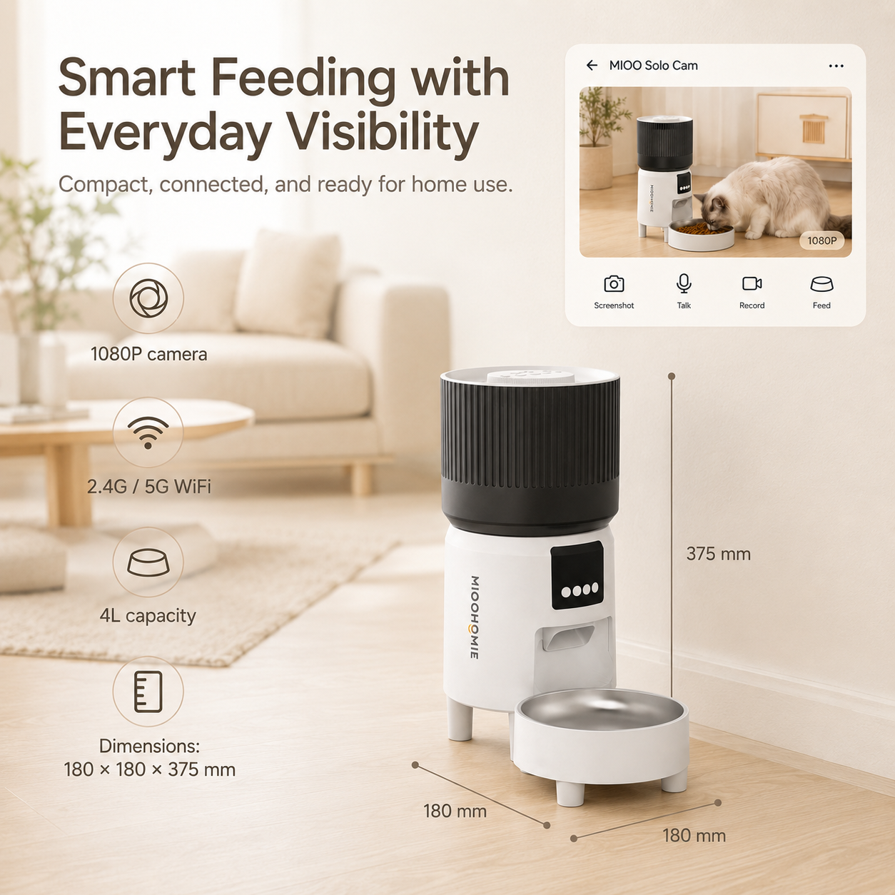 MiooHomie C-02 4L Dual-Bowl Automatic Cat Feeder with 1080P Camera, Wi-Fi App Control for Two Pets
