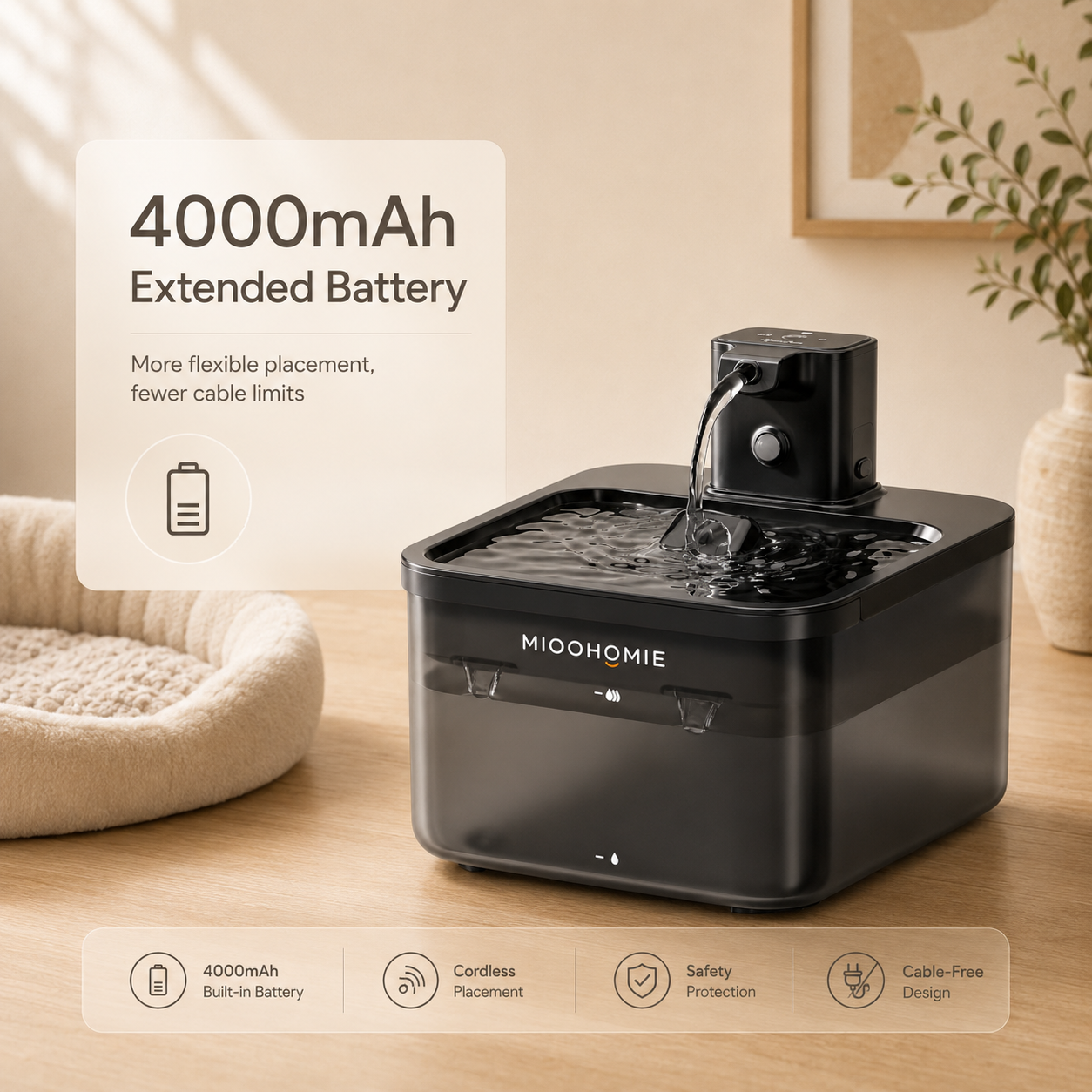 MIOOHOMIE MW-B05 FLOWLY GO Cordless Smart Pet Water Fountain with 4000mAh Rechargeable Battery & 3L Capacity