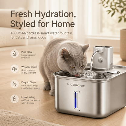MIOOHOMIE MW-B10 Smart Stainless Steel Cat Water Fountain, 4000mAh Rechargeable Pet Water Dispenser with Quiet Circulating Filter for Cats & Small Dogs