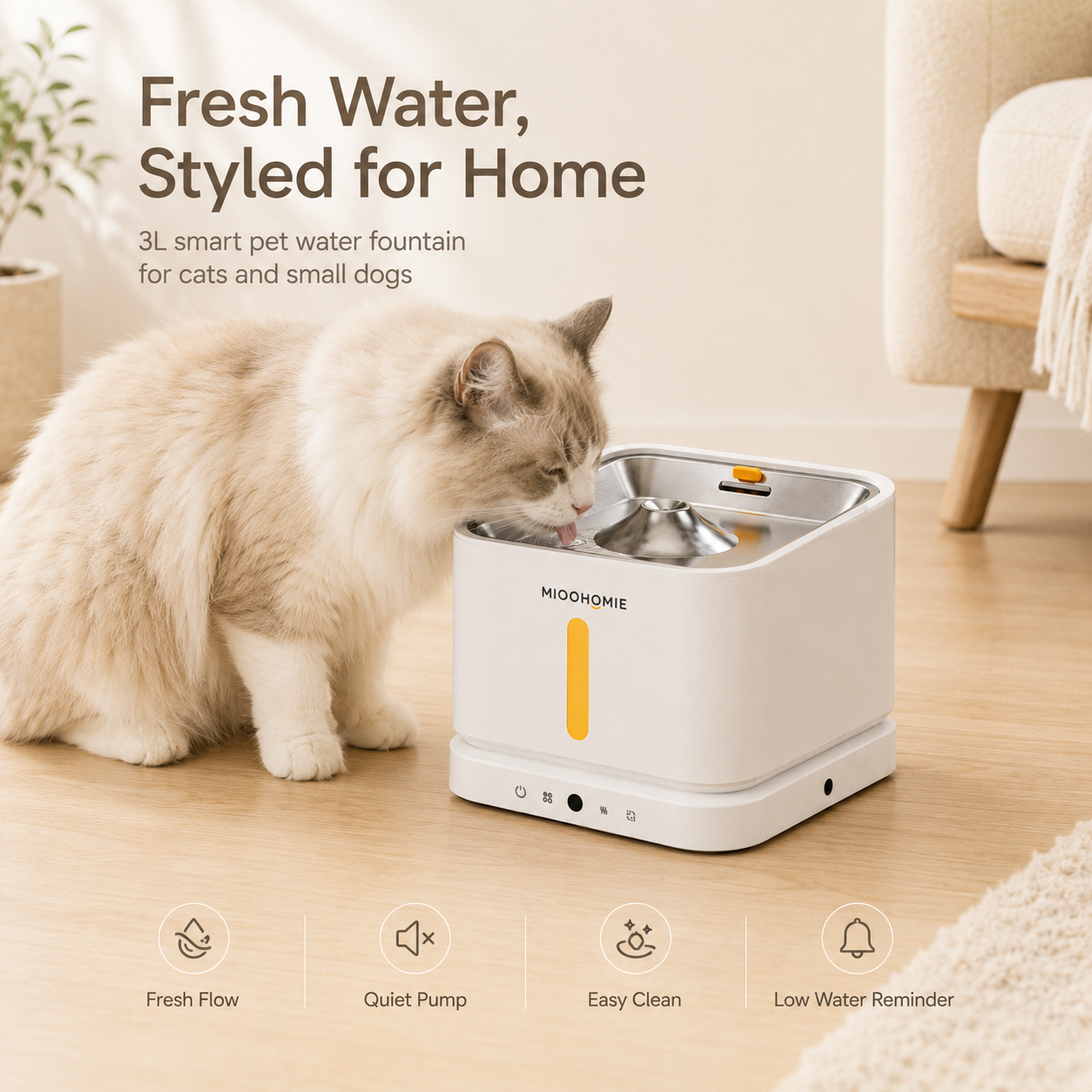 MiooHomie P03 3L Smart Pet Water Fountain with Stainless Steel Drinking Tray, Quiet Pump and Low Water Reminder for Cats and Small Dogs