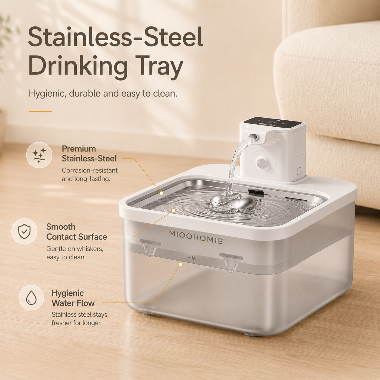 MIOOHOMIE MW-B07 FLOWLY Steel Go Lite 2600mAh Smart Pet Water Fountain with Stainless Steel Tray & 3L Capacity