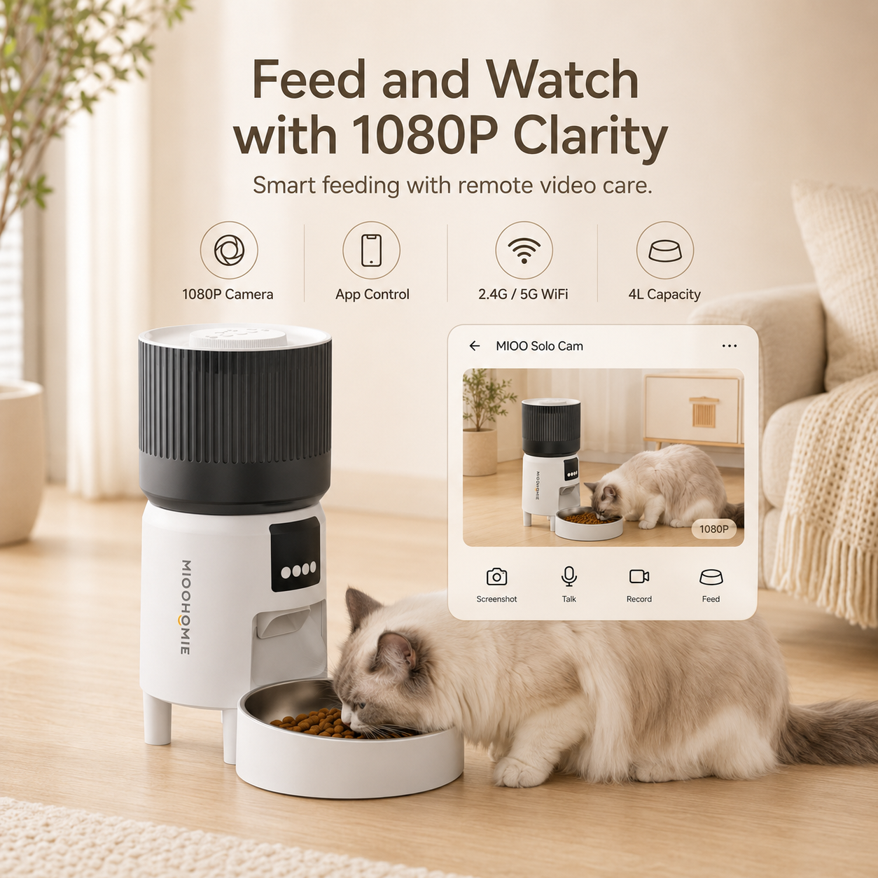MiooHomie C-02 4L Dual-Bowl Automatic Cat Feeder with 1080P Camera, Wi-Fi App Control for Two Pets