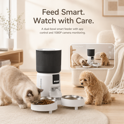 MiooHomie C-04 4L Dual-Bowl Automatic Cat Feeder with 1080P Camera, Wi-Fi App Control for Two Pets