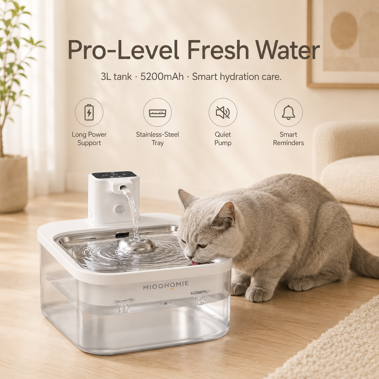 MIOOHOMIE MW-B09 Smart Stainless Steel Cat Water Fountain, 5200mAh Rechargeable Pet Water Dispenser with 3L Capacity, Quiet Circulating Filter for Cats & Small Dogs