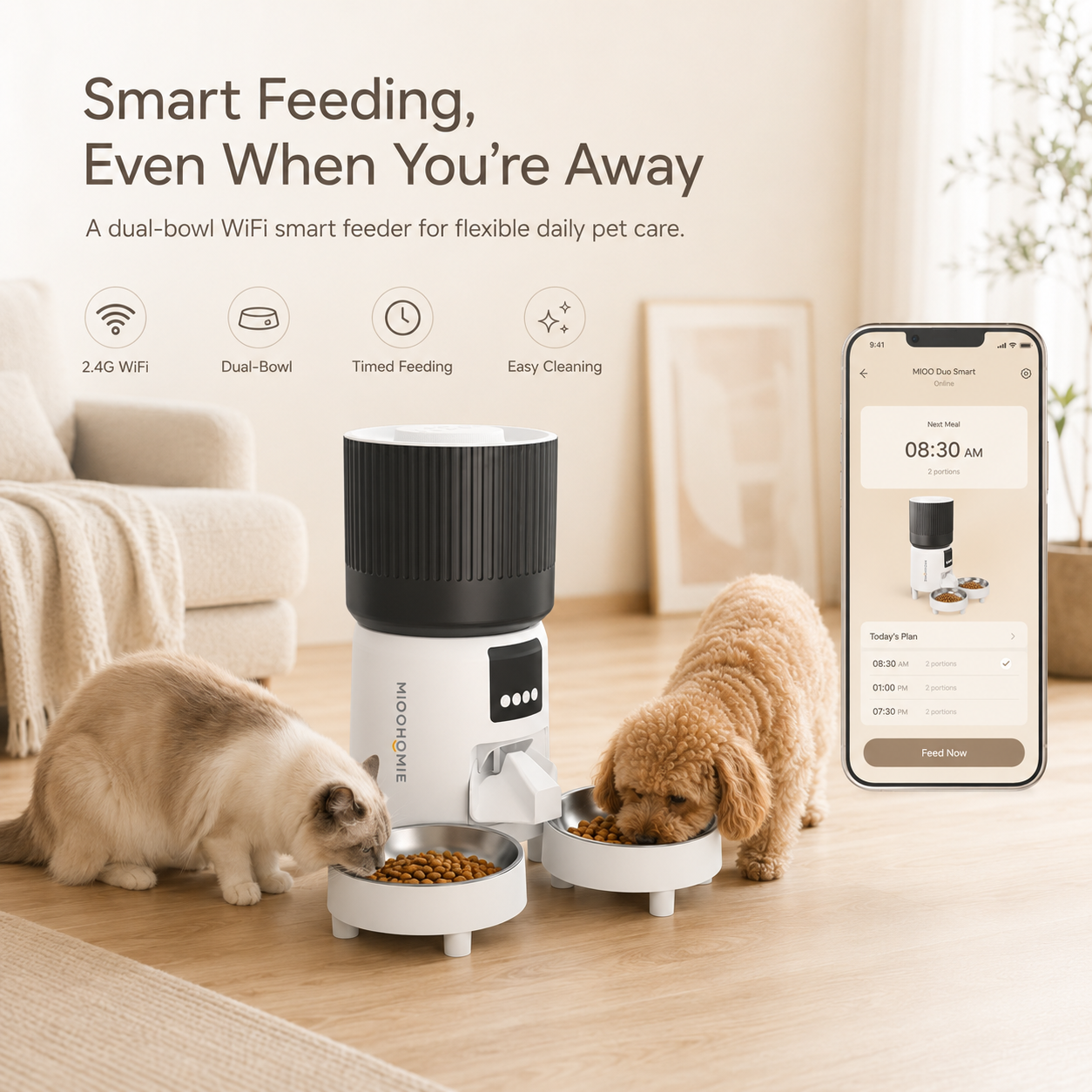 MiooHomie D04 4L Dual-Bowl WiFi Automatic Pet Feeder with App Control, Portion Scheduling and Feeding Records