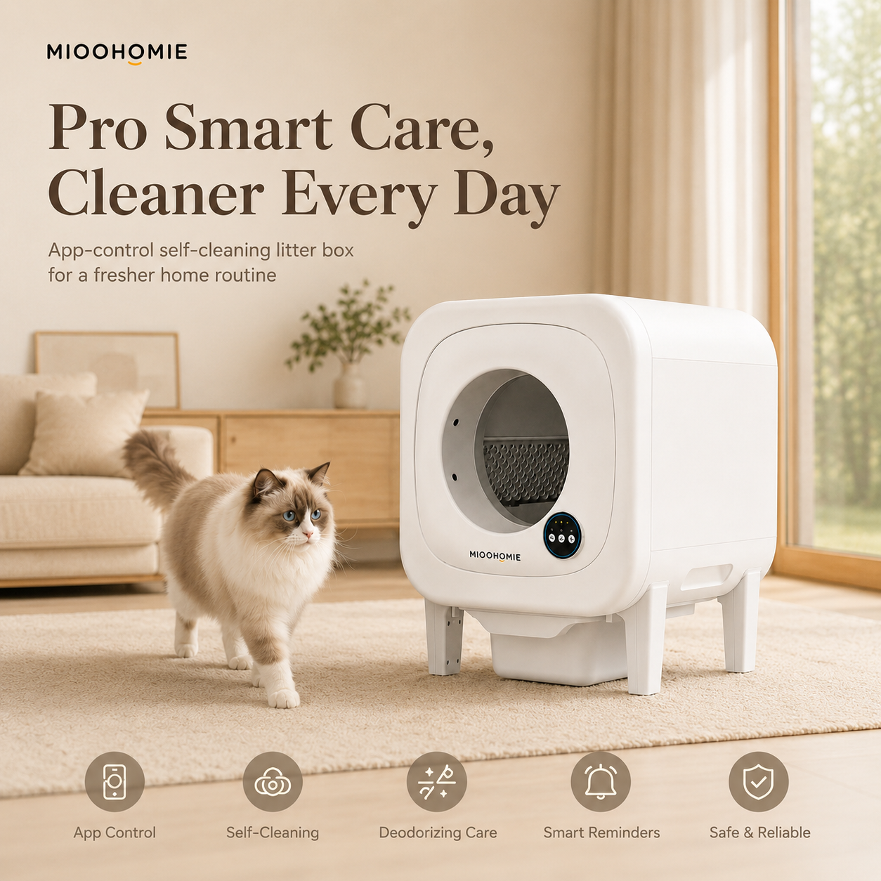 MiooHomie ML-P01 LITTY Pro App-Control Self-Cleaning Cat Litter Box with Smart Reminders, 10L Waste Bin & Odor Control for Cats Under 22kg