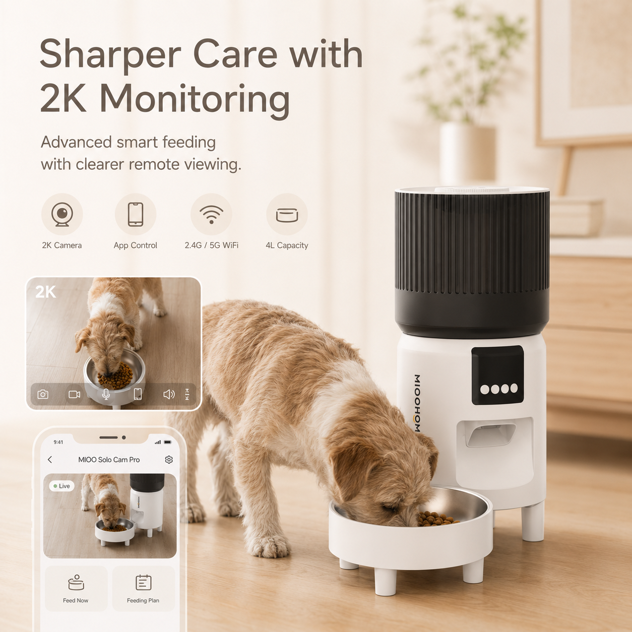MiooHomie C-03 4L Automatic Cat Feeder with 1080P Camera, 2.4GHz/5GHz Wi-Fi & App Remote Feeding