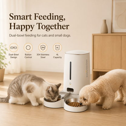 MiooHomie D01 4L Dry Food Automatic Feeder with Dual Bowls and Removable Stainless Steel Bowls