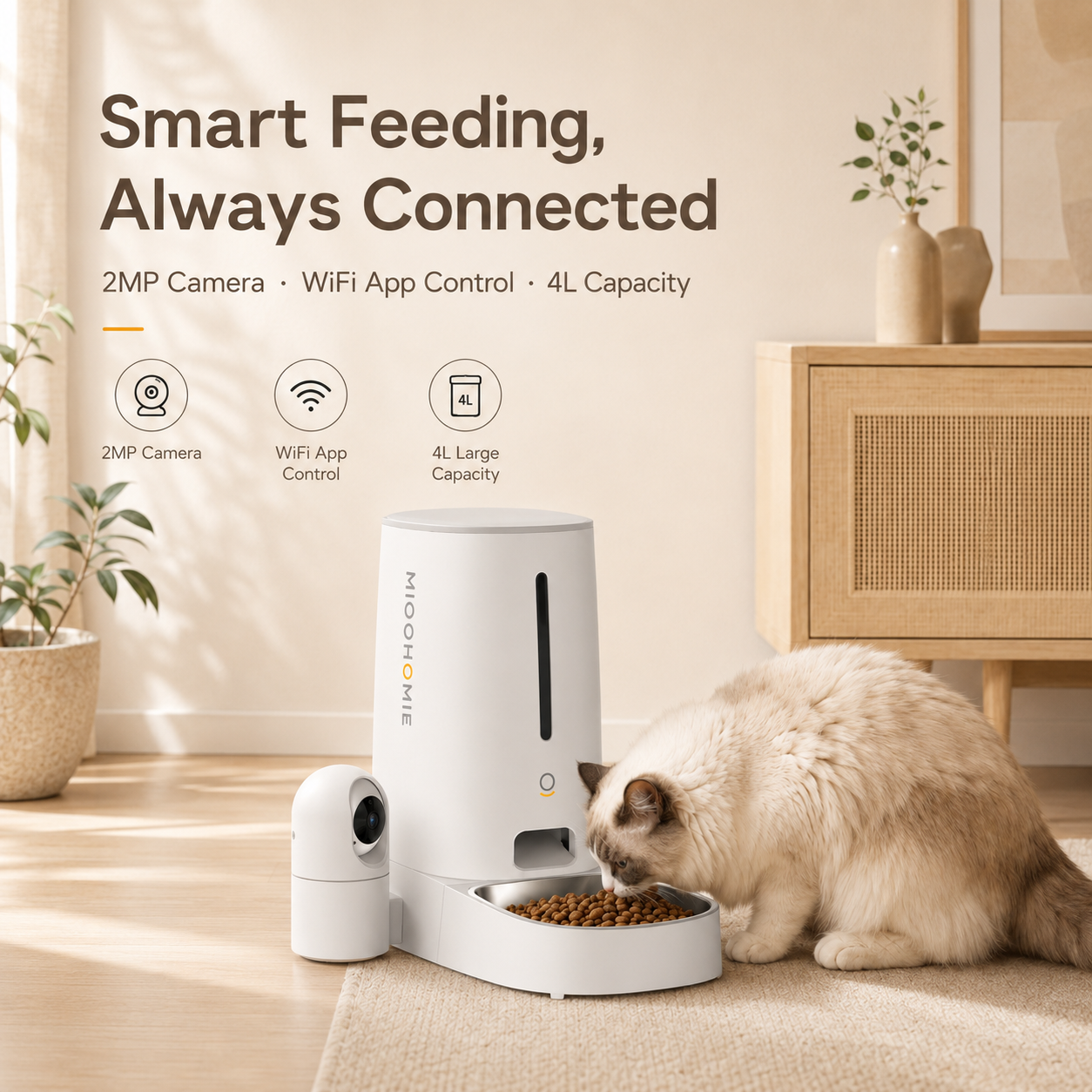 MiooHomie C-01 Smart Automatic Pet Feeder with 2MP Camera, 4L WiFi App Control & Low Food Alerts