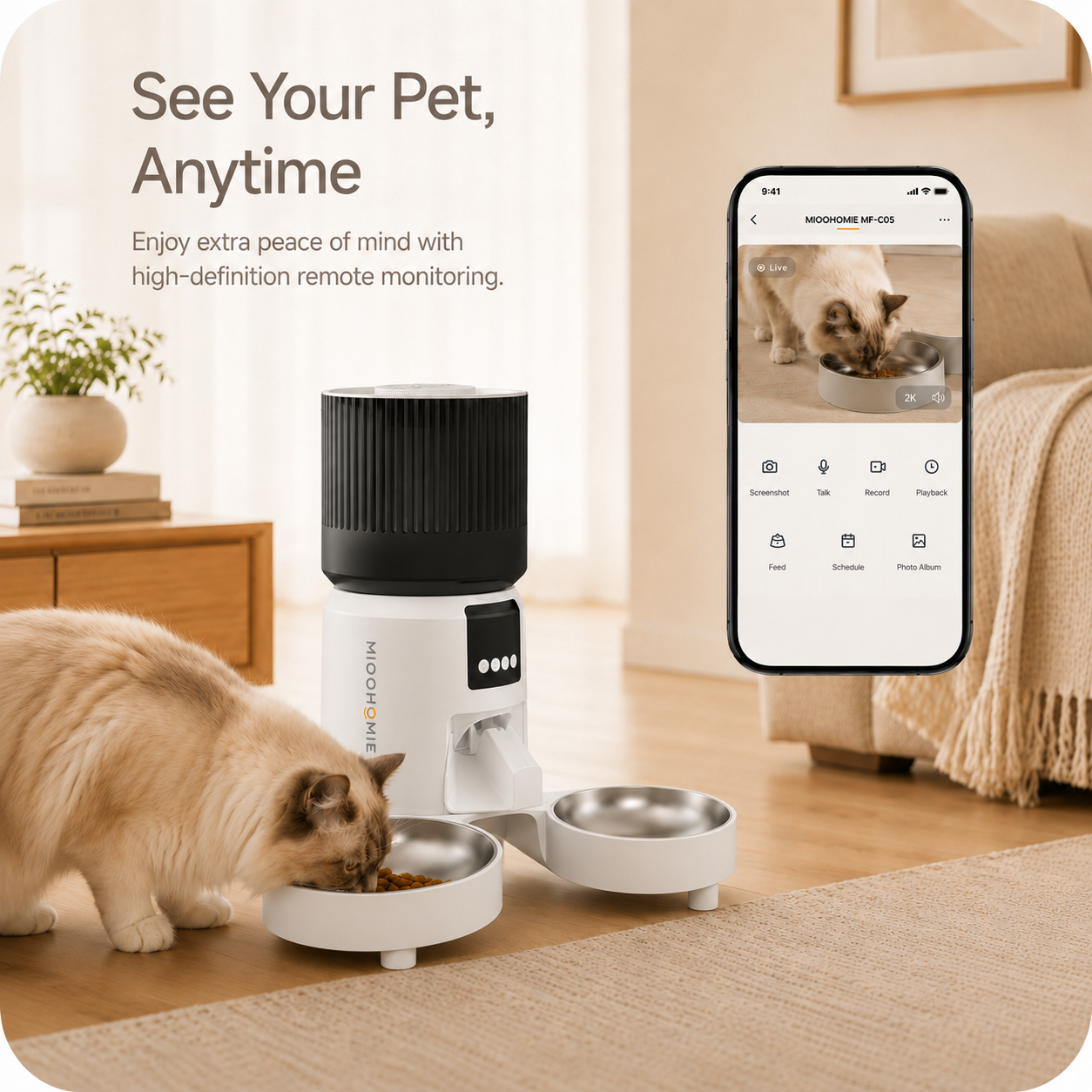 MiooHomie C-05 4L Dual-Bowl Automatic Cat Feeder with 2K Camera, Wi-Fi App Control for Two Pets
