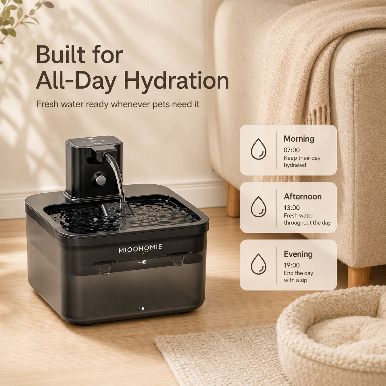 MIOOHOMIE MW-B06 FLOWLY Go Pro 5200mAh Smart Pet Water Fountain with 3L Capacity, Multi-Stage Filtration & Smart Reminders
