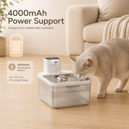 MiooHomie MW-B08 3L Smart Cat Water Fountain with 4000mAh Rechargeable Battery, Stainless Steel Drinking Tray, Quiet Automatic Pet Water Dispenser for Cats & Small Dogs