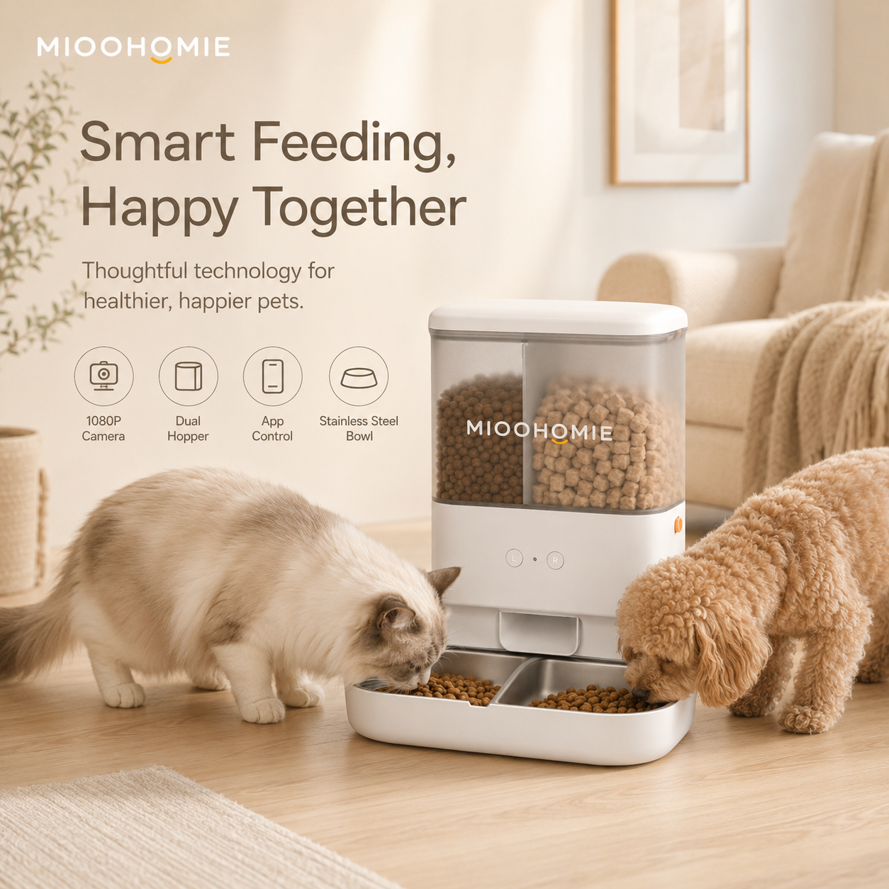 MiooHomie MF-M02 BOWLY Treat Cam WiFi Smart Pet Feeder with Dual Food & Treat Storage