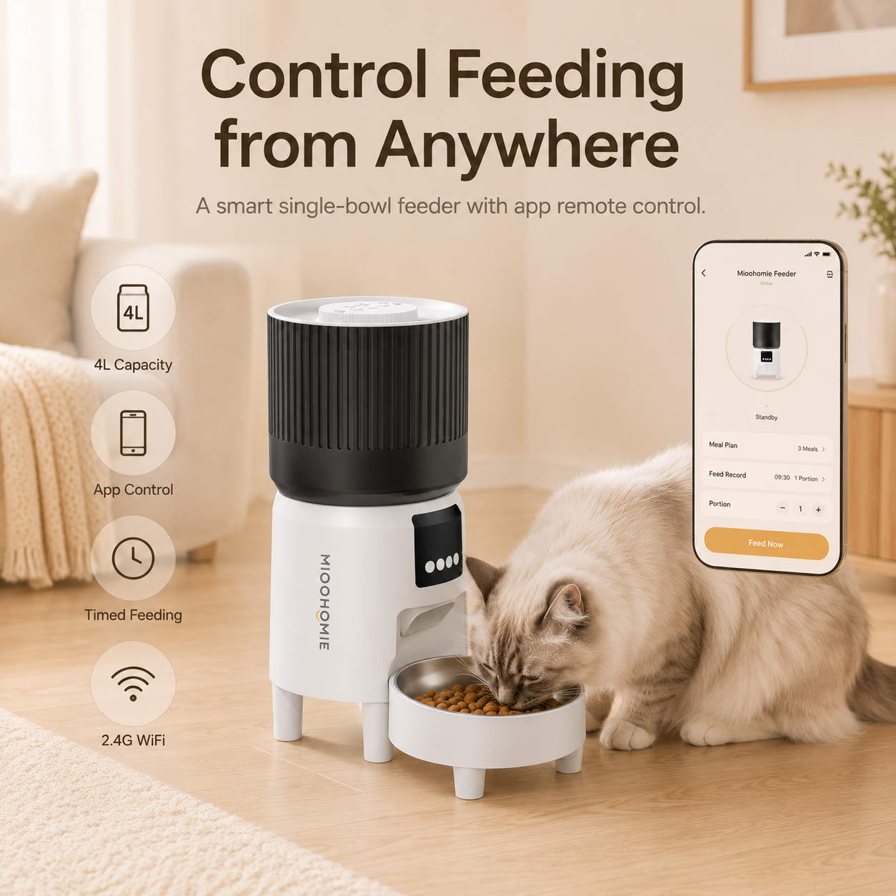 MiooHomie MF-S03 Smart APP 4L WiFi Pet Feeder with Remote Feeding, Meal Scheduling and Voice Reminder for Cats & Small Dogs