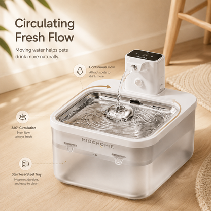 MiooHomie MW-B08 3L Smart Cat Water Fountain with 4000mAh Rechargeable Battery, Stainless Steel Drinking Tray, Quiet Automatic Pet Water Dispenser for Cats & Small Dogs