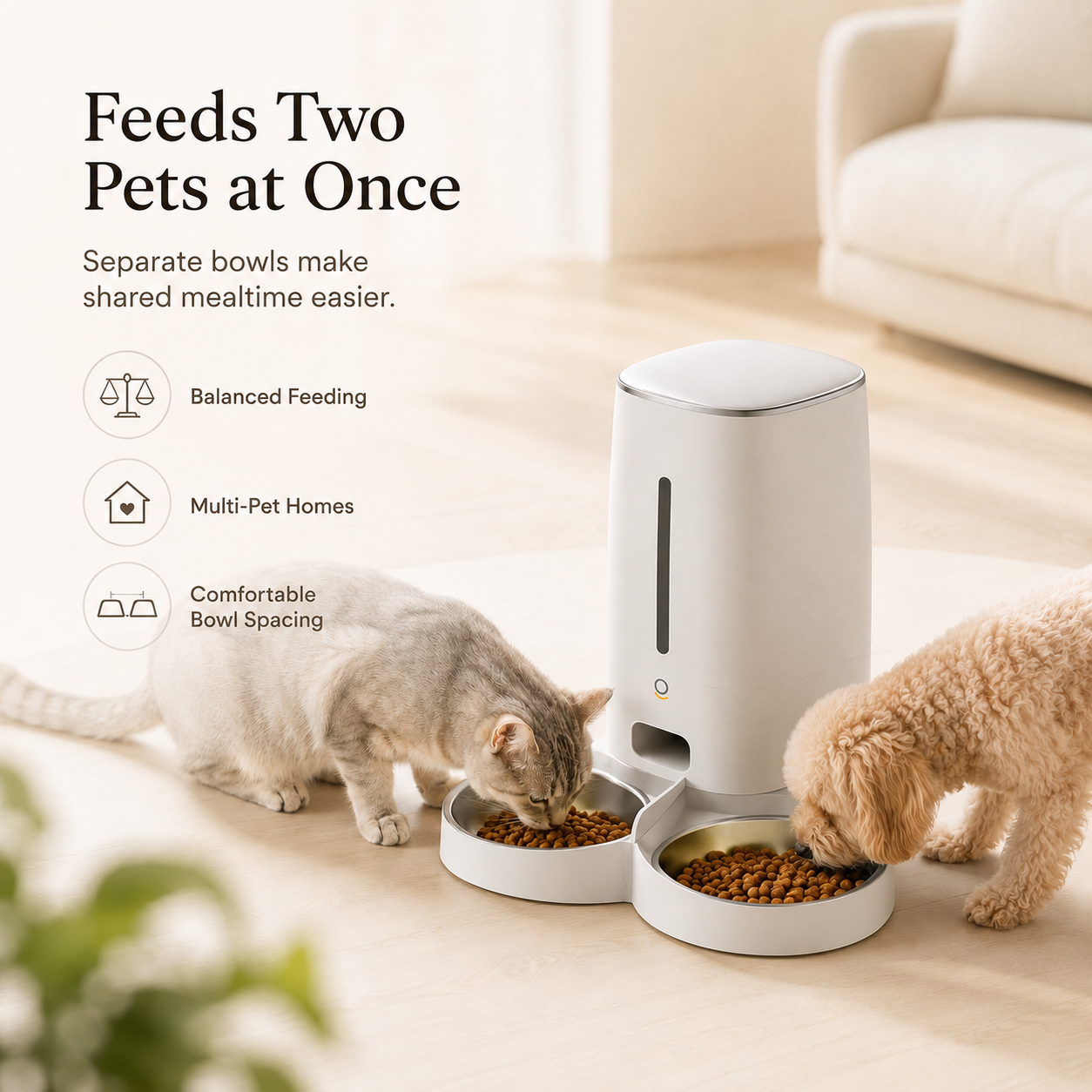 MiooHomie D01 4L Dry Food Automatic Feeder with Dual Bowls and Removable Stainless Steel Bowls