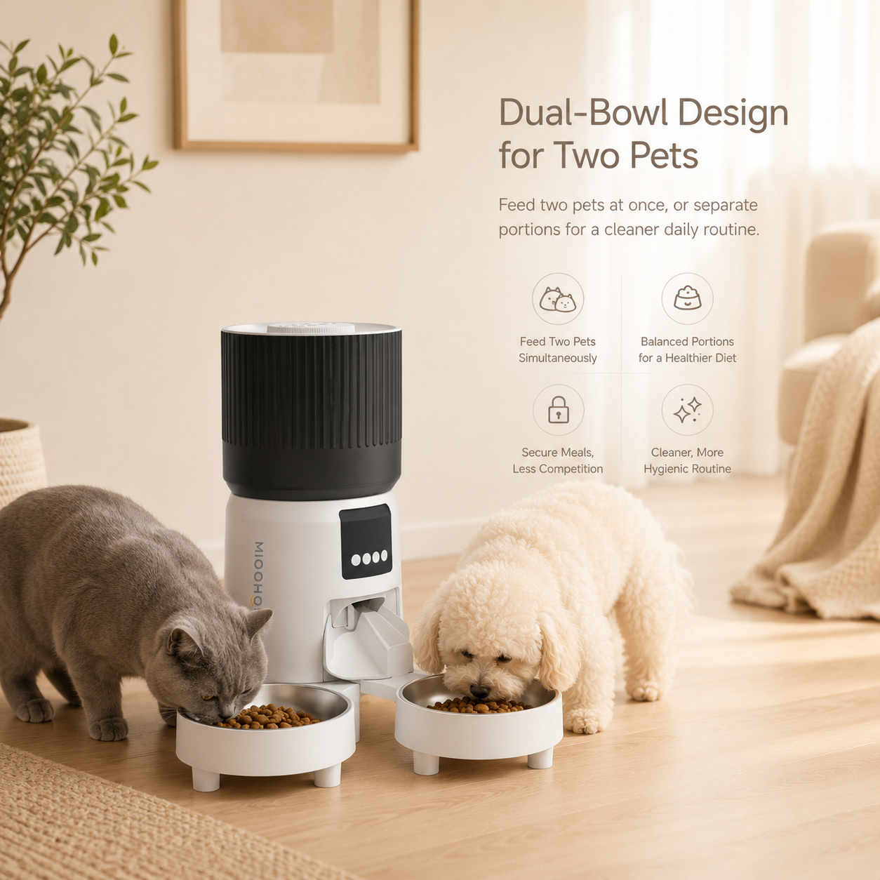 MiooHomie D03 4L Dual-Bowl Smart Pet Feeder with Voice Recording & Detachable Bowls