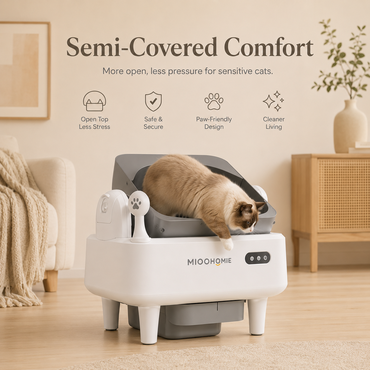 MiooHomie ML-S01 LITTY Air Semi-Covered Automatic Self-Cleaning Cat Litter Box with Low-Stress Entry and Safety Sensor Protection for Cats Under 22kg