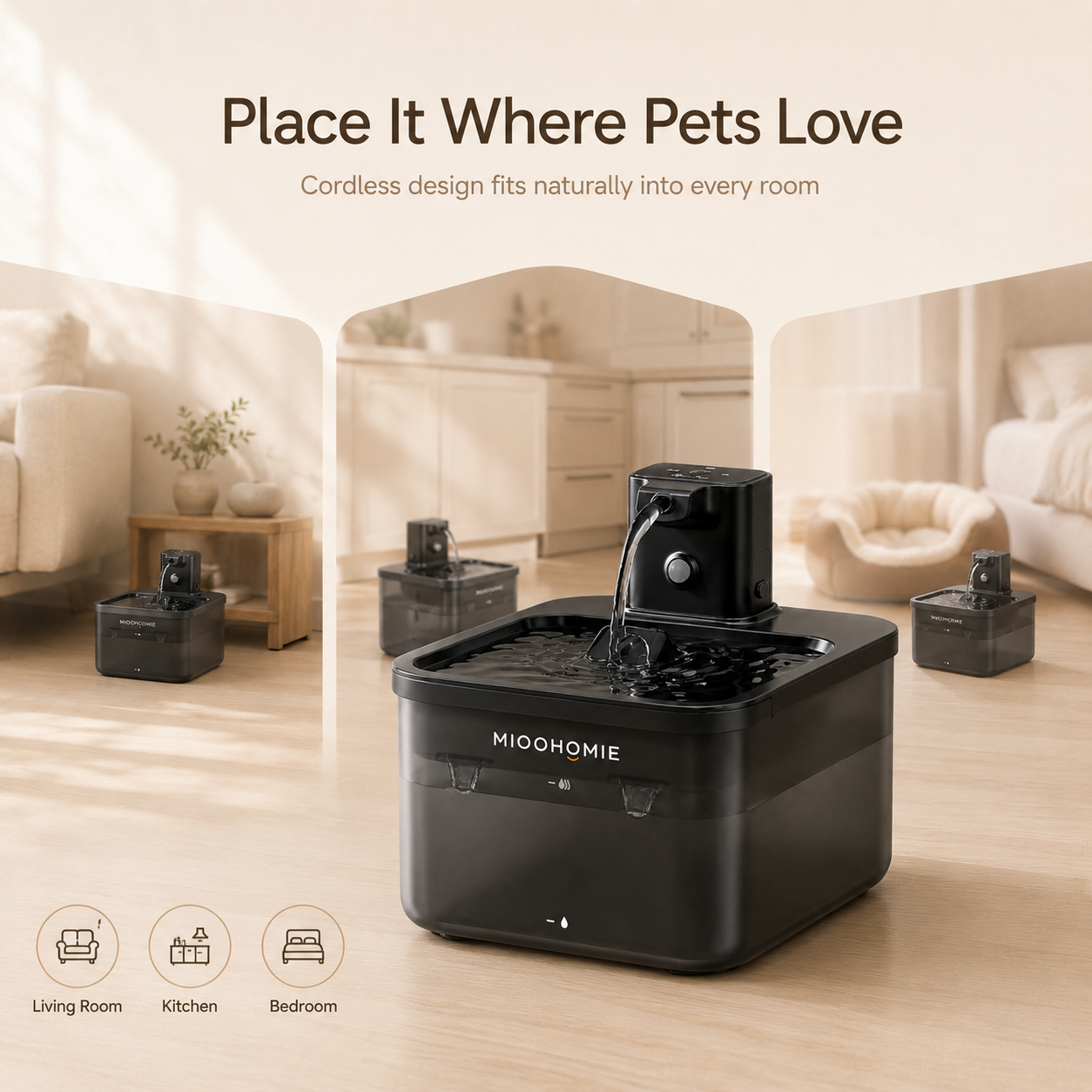 MIOOHOMIE MW-B05 FLOWLY GO Cordless Smart Pet Water Fountain with 4000mAh Rechargeable Battery & 3L Capacity