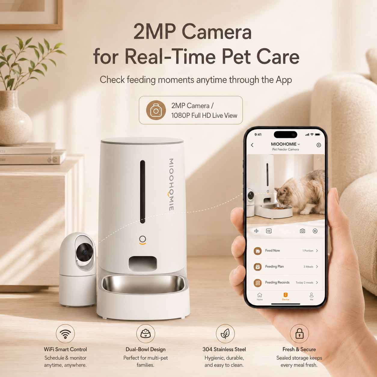 MiooHomie C-01 Smart Automatic Pet Feeder with 2MP Camera, 4L WiFi App Control & Low Food Alerts