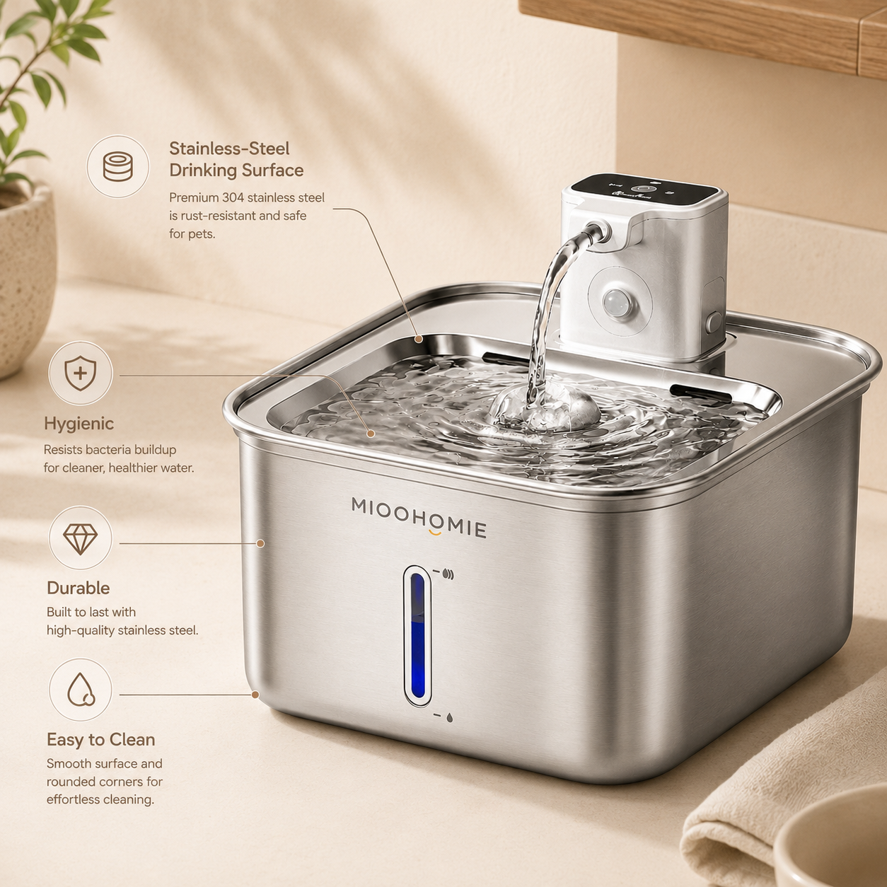 MIOOHOMIE MW-B10 Smart Stainless Steel Cat Water Fountain, 4000mAh Rechargeable Pet Water Dispenser with Quiet Circulating Filter for Cats & Small Dogs