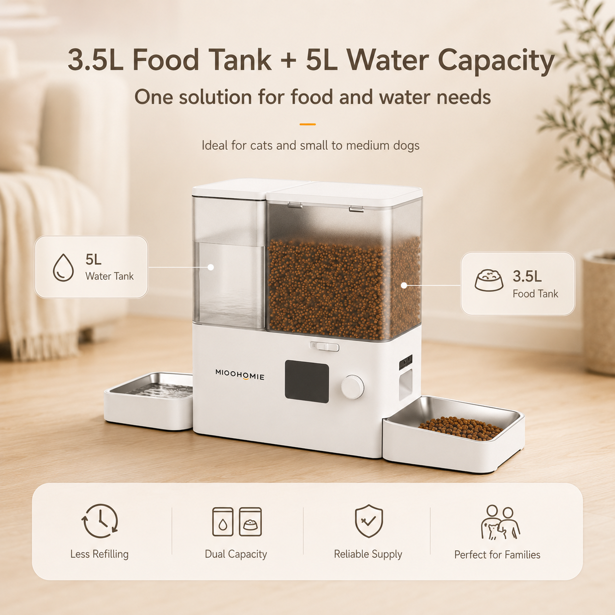 MiooHomie M01 All-in-One Smart Pet Feeder with Water Dispenser, WiFi App Control, Video Monitoring, 3.5L Food Tank and 5L Water Tank