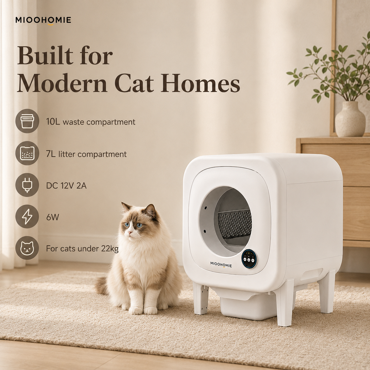 MiooHomie ML-P01 LITTY Pro App-Control Self-Cleaning Cat Litter Box with Smart Reminders, 10L Waste Bin & Odor Control for Cats Under 22kg