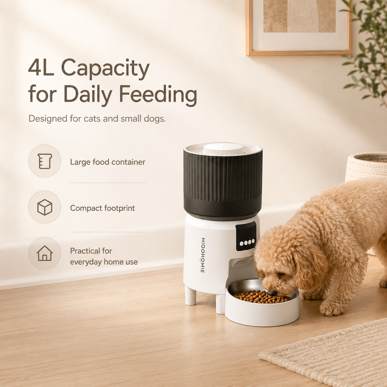MiooHomie MF-S02 Programmable 4L Cat and Small Dog Feeder with 1–12 Meal Scheduling, 1–15 Portion Control and Removable Bowl