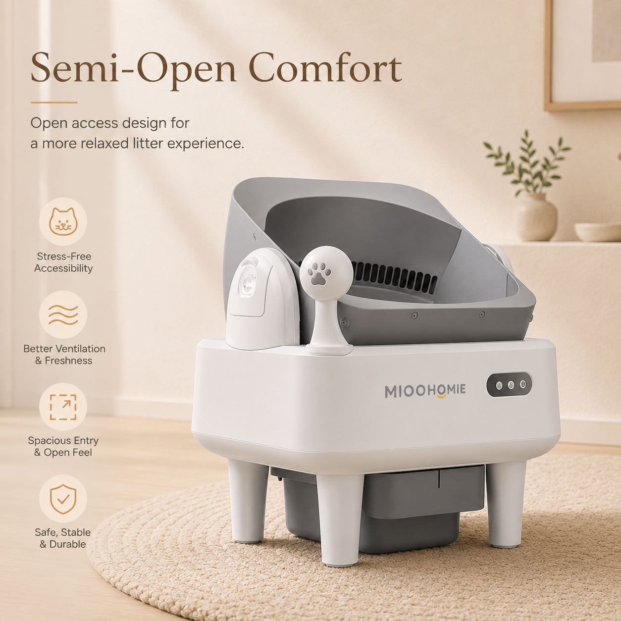 MiooHomie ML-C02 LITTY Fresh Spray Deodorizing Self-Cleaning Cat Litter Box, Semi-Open APP Smart Automatic Cat Toilet with Pull-Out Waste Bin for Multi-Cat Homes