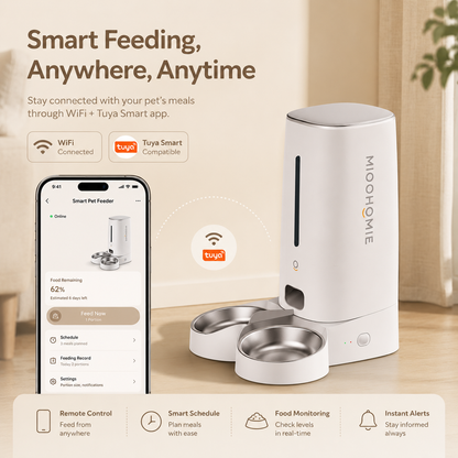 MiooHomie D02 WiFi Smart Pet Feeder with Dual Stainless Steel Bowls, 4L Automatic Cat and Small Dog Feeder
